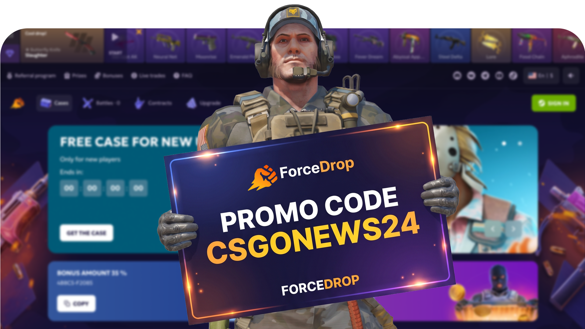 Ищете крутые скины? Открывайте фирменный кейс CSGO-NEWS на ForceDrop! Мы собрали лучшие предметы для Counter-Strike 2. Узнай содержимое и забери бонусы.